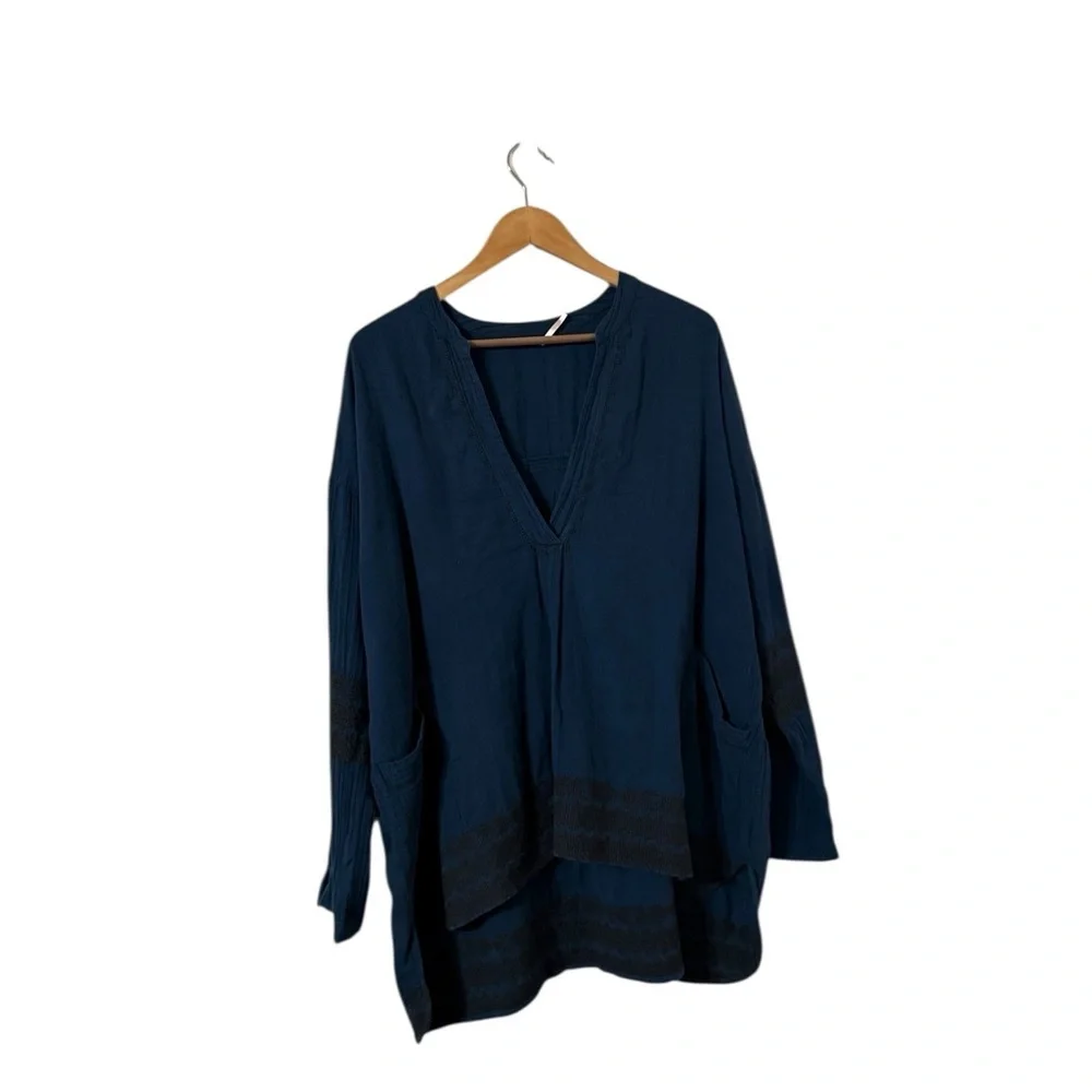 FREE PEOPLE Embroidered Teal Long Sleeve Top Shirt Tunic
